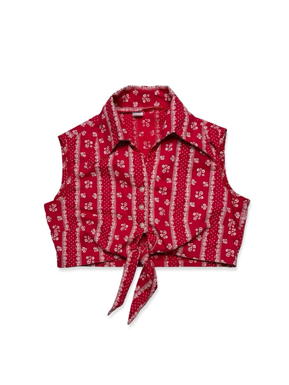 Vintage 1970s Red Tie Front Dagger Collar Crop Top